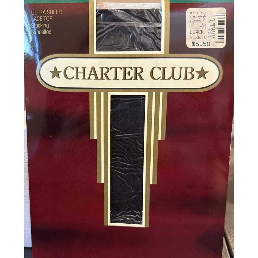 Charter Club Womens Size C Stockings Black Ultra Sheer Lace Top Sandaltoe Vtg
